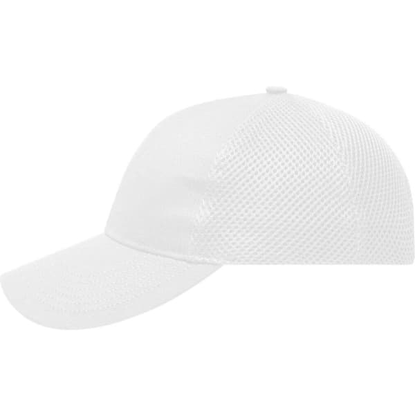 A white 6-panel air mesh cap with a curved visor and a logo on the front.