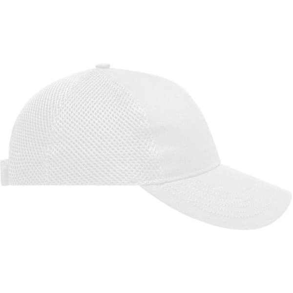 A white 6 panel air mesh cap featuring a curved brim and a structured design. It includes a logo on the front.