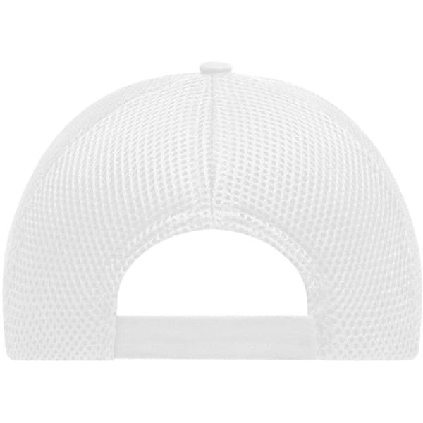 A white 6 panel air mesh cap featuring a mesh design, showing the back view and a small button on top.