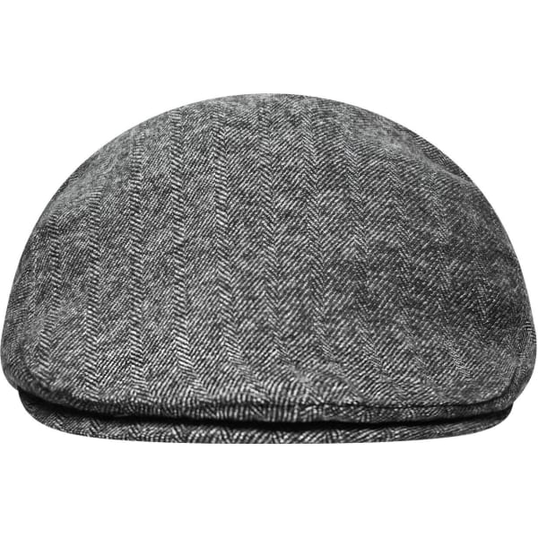 A grey herringbone cap with a rounded top and front peak, featuring a textured fabric and a logo.