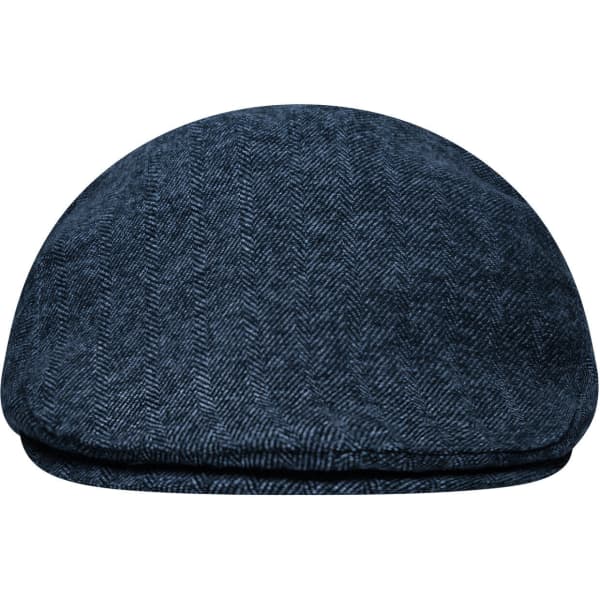 A Dandy Cap in dark blue with a herringbone pattern, featuring a round shape and a soft fabric.