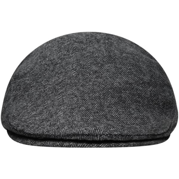 A grey herringbone cap with a rounded top and a small brim, featuring a logo on the side.