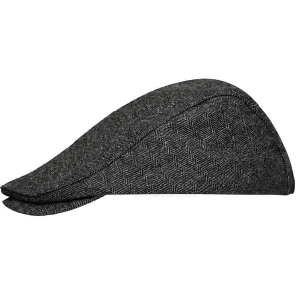 A grey herringbone flat cap with a rounded crown and a short, stiff brim. It has a simple design and a logo.