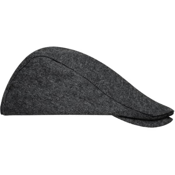 A grey herringbone cap with a rounded shape, featuring a logo on the side.