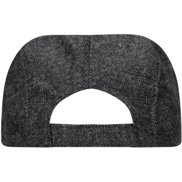 A grey herringbone cap with an open back, featuring a textured fabric and a seamless design.