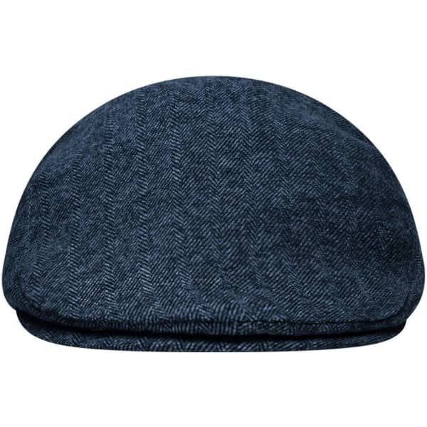 A navy blue Dandy Cap featuring a herringbone pattern and a rounded shape. It has a logo on the side.