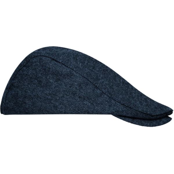 A navy blue Dandy Cap made of herringbone fabric, featuring a sleek, curved design and a branded tag.