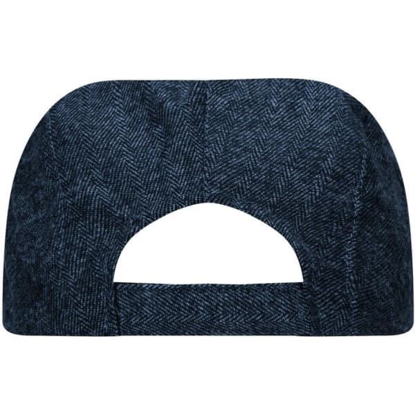 A dark blue herringbone-patterned cap featuring an open back design and a logo.