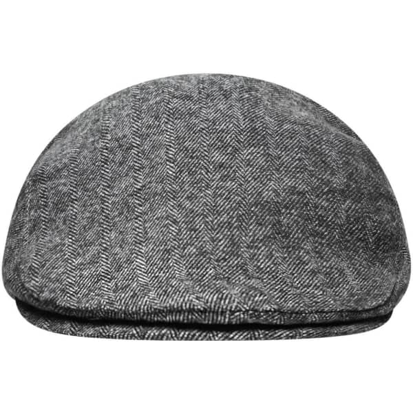 A grey herringbone-patterned cap with a rounded shape and a flat brim, featuring a logo on the side.