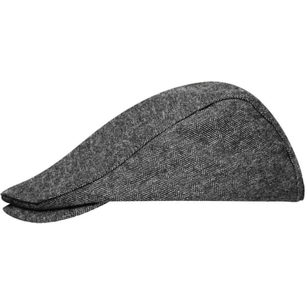 A grey houndstooth cap with a curved peak and a textured fabric finish, featuring a branding logo.