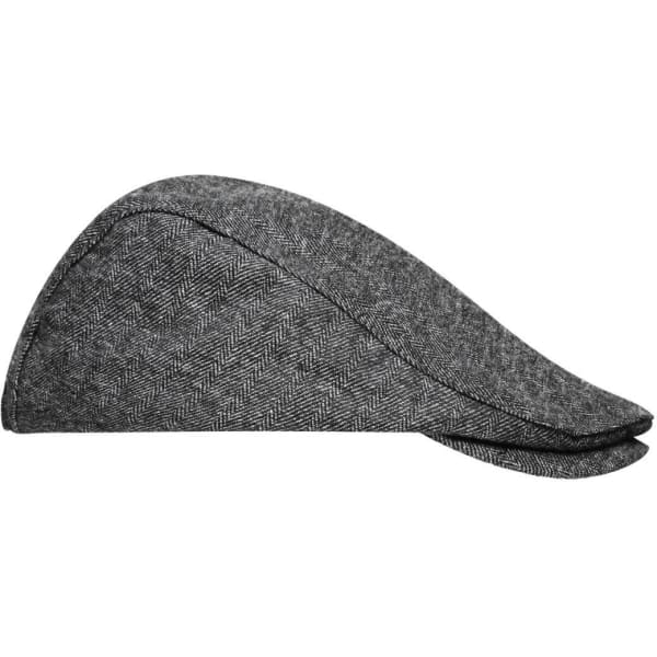 A grey herringbone patterned cap with a curved brim and a folded design. It features a logo on the side.