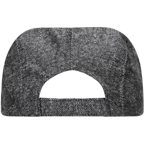 A grey herringbone cap with a curved visor and an open back design. It features a logo on one side.