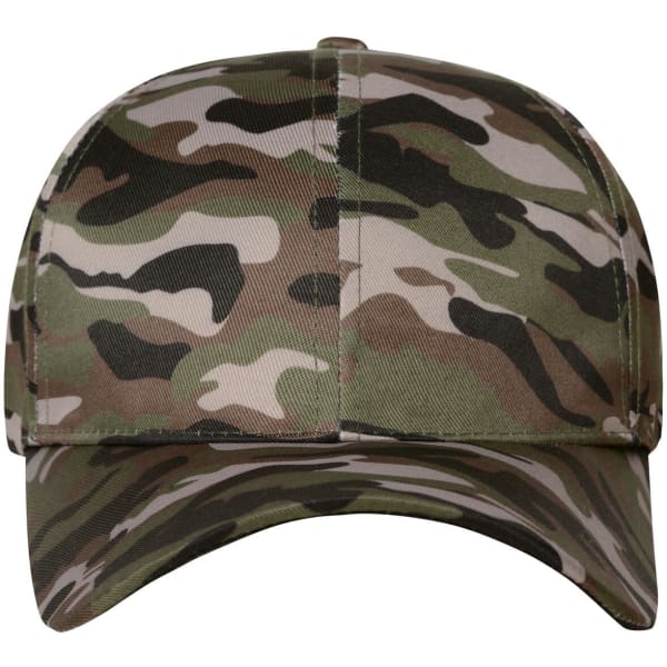 A camouflage cap featuring a six-panel design in various shades of green and brown, with a logo on the front.