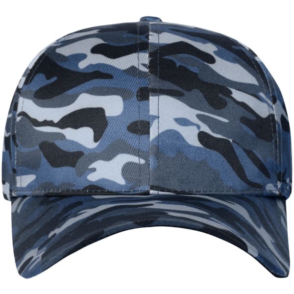 A camouflage cap featuring shades of blue and grey, with a six-panel design and a structured front.