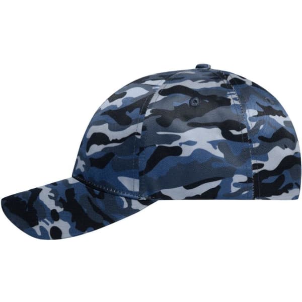 A camouflage cap featuring a navy and light blue pattern, designed with a six-panel structure and a curved brim.