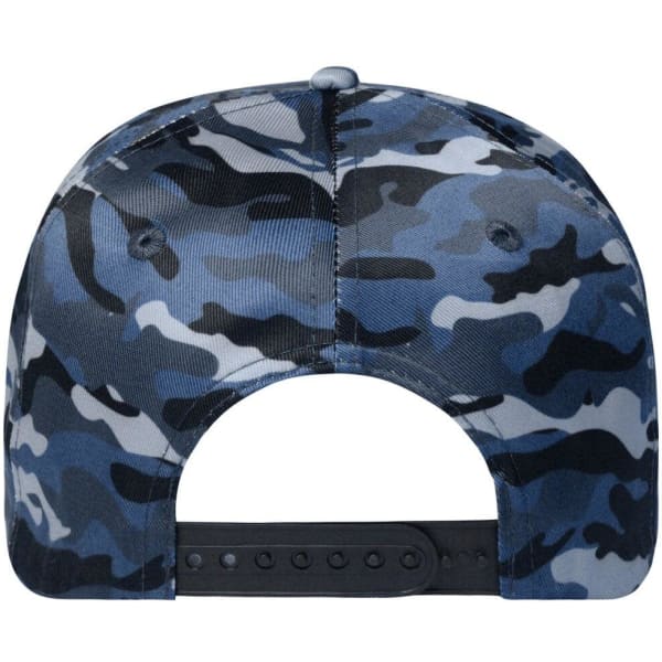 A camouflage cap featuring various shades of blue and grey, with a black adjustable strap at the back.