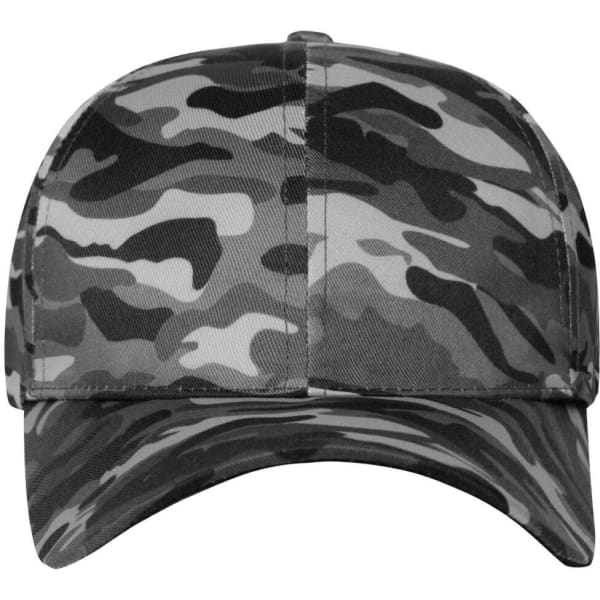 A camouflage cap featuring a grey and black pattern. It has a curved brim and a logo on the front.