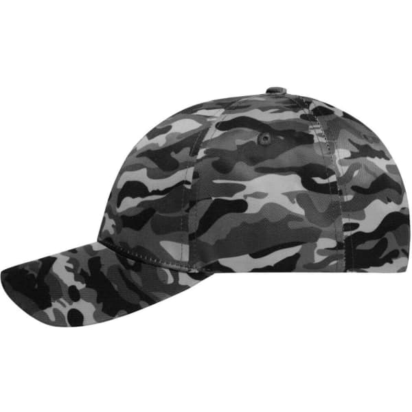 A camouflage cap featuring shades of grey and black, with a classic six-panel design and a logo.