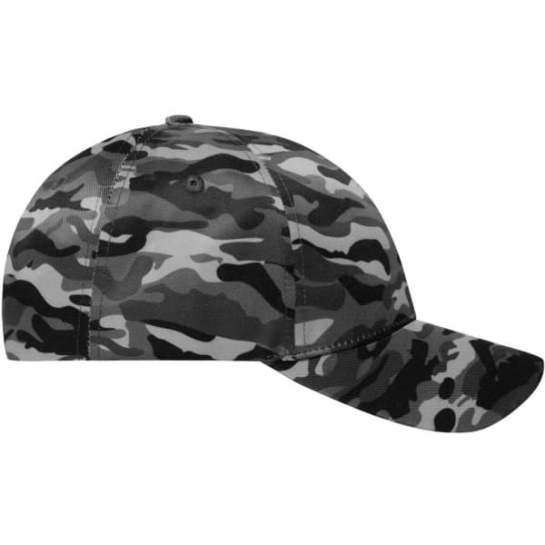 A camouflage cap in shades of grey, featuring a curved brim and a logo on the side.