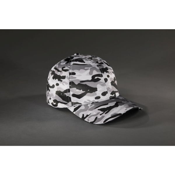 A grey camouflage cap with a six-panel structure and a curved brim, featuring a logo on the front.