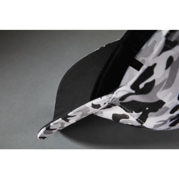 A 6-panel camouflage cap featuring a grey and black pattern and a black underside on the brim.