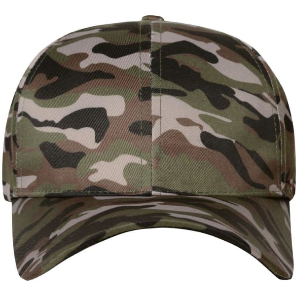 A camouflage cap featuring a six-panel design in shades of green, brown, and beige with a logo on the front.