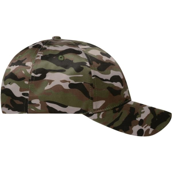 A six-panel camouflage cap featuring shades of green, brown, and beige. The cap has a logo on the front.