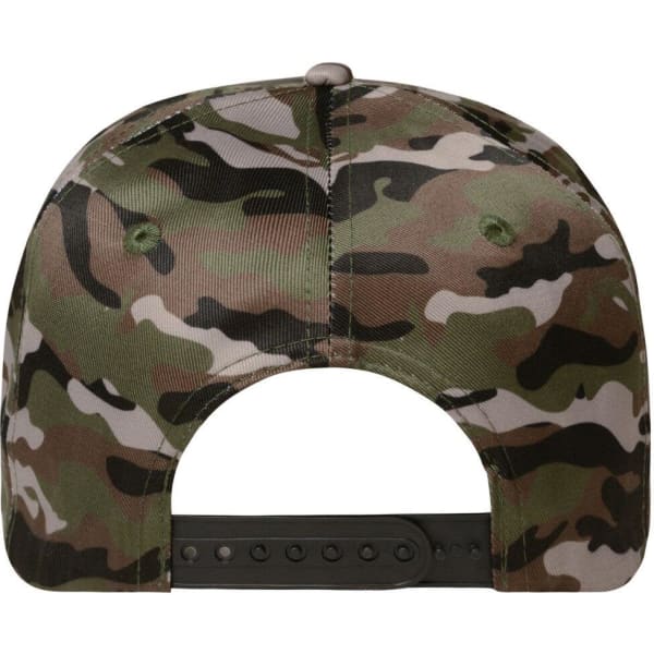 A camouflage cap featuring a six-panel design and an adjustable strap at the back.