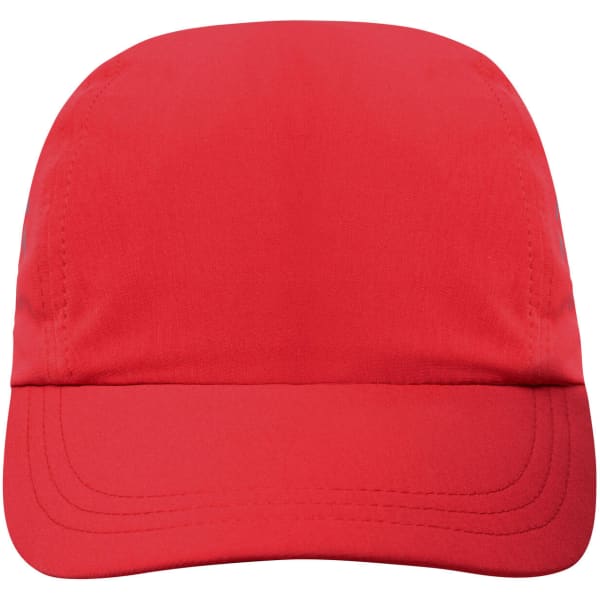 A red 3 panel cap featuring a structured design and a visor, with a logo on the front.