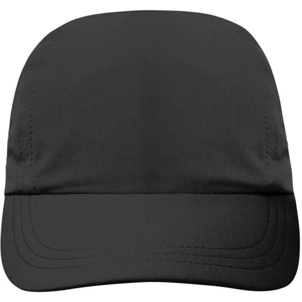 A black 3 panel cap featuring a curved brim and a logo on the front.
