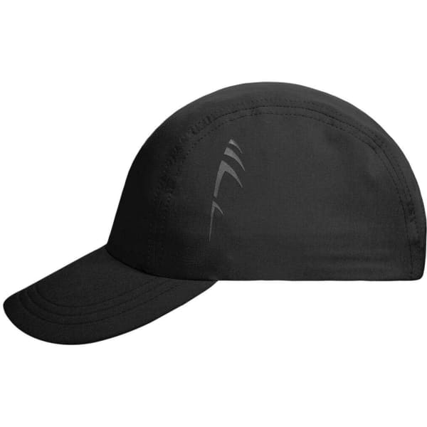 A black 3 panel cap with a curved brim and a logo on the side.