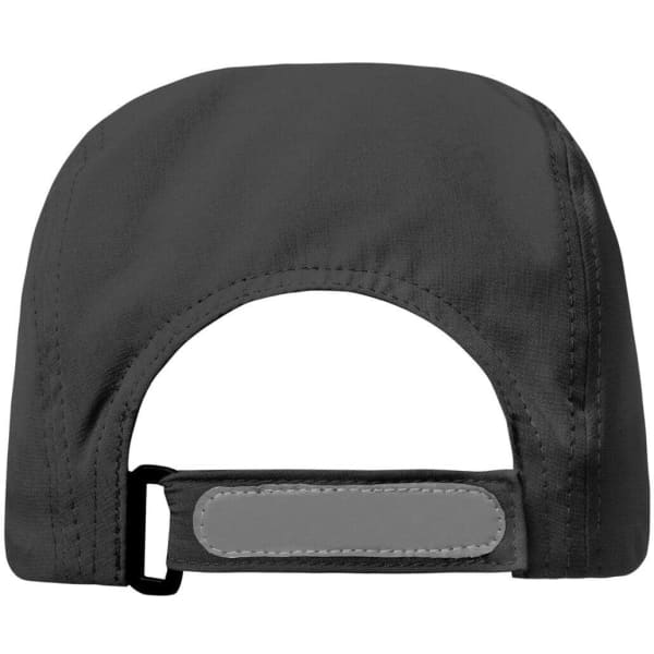 A black 3 panel cap featuring a curved brim and an adjustable strap at the back. It has a simple logo.