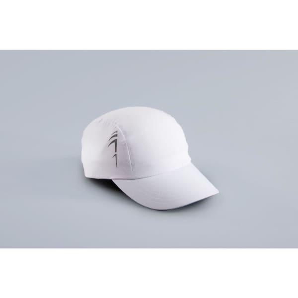 A white 3 panel cap with a curved brim and a logo on the side. Suitable for headwear.