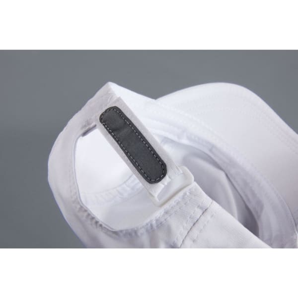 A white 3 panel cap featuring a strap adjustment and inner lining, with a branding logo visible.