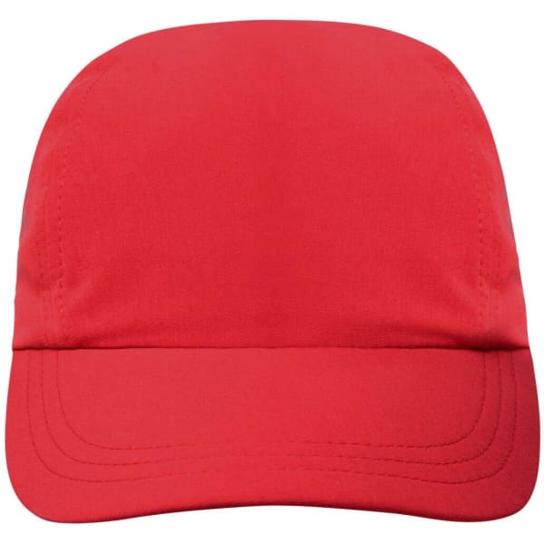 A red three-panel cap with a curved brim and a logo featured on the front.