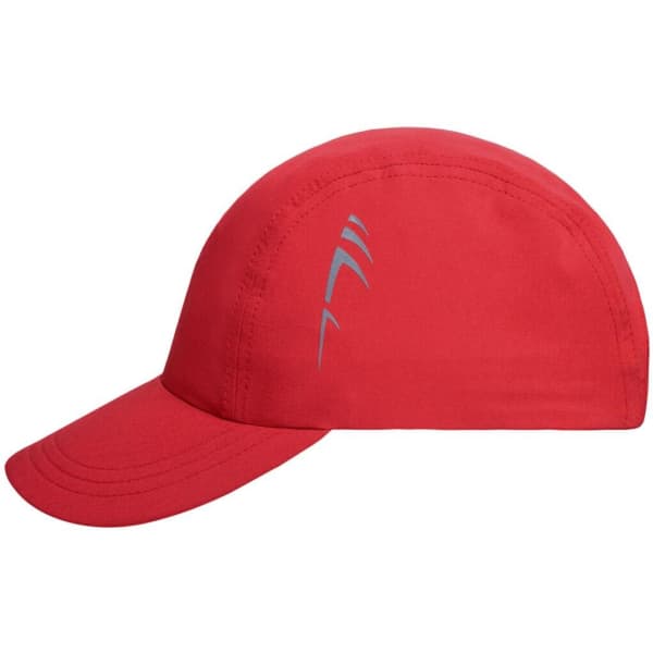 A red 3 Panel Cap featuring a curved brim and a logo on the side.