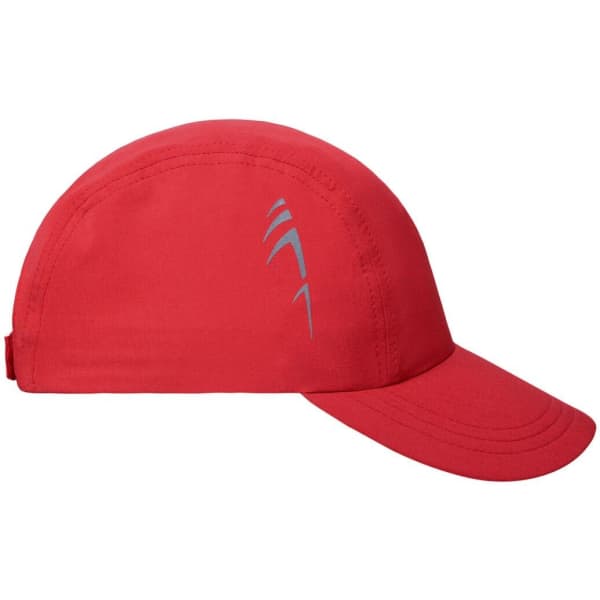 A red 3 Panel Cap with a sleek design and a logo on the side.