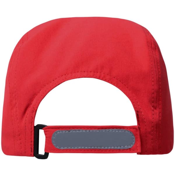 A red 3 Panel Cap featuring a grey adjustable strap and a logo on the back.