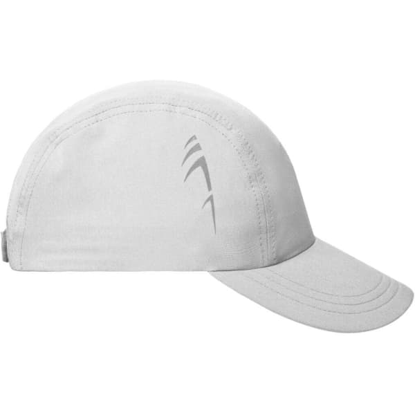 A grey 3 panel cap featuring a curved brim and a logo on the side. Ideal for headwear promotions.