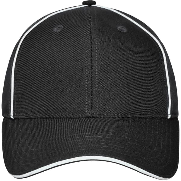 A black six-panel workwear cap with white piping and a logo, suitable for various outdoor activities.