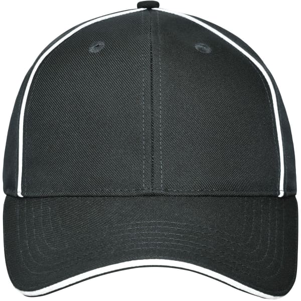 A solid black six-panel workwear cap with contrasting white stitching and a logo.
