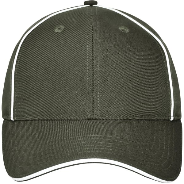 A green 6-panel workwear cap featuring white piping and a logo on the front.