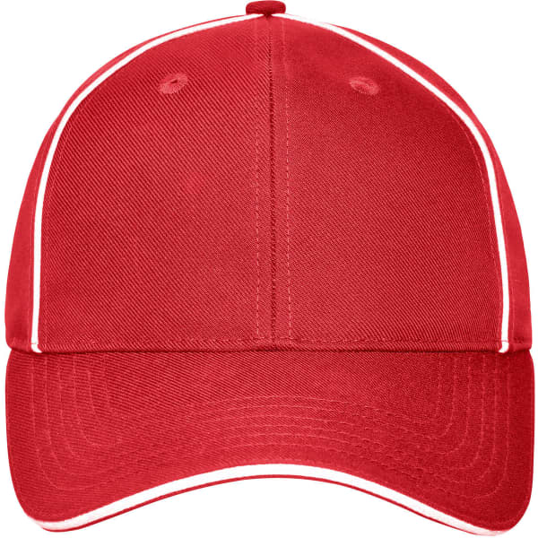 A red 6-panel cap with white piping and a logo on the front.
