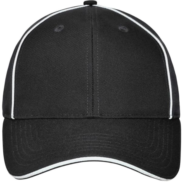 A solid black six-panel workwear cap with white piping and a logo on the front.