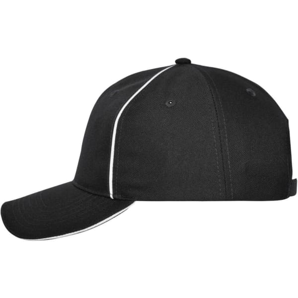 A black six-panel workwear cap with a white stripe, featuring a logo on the front.