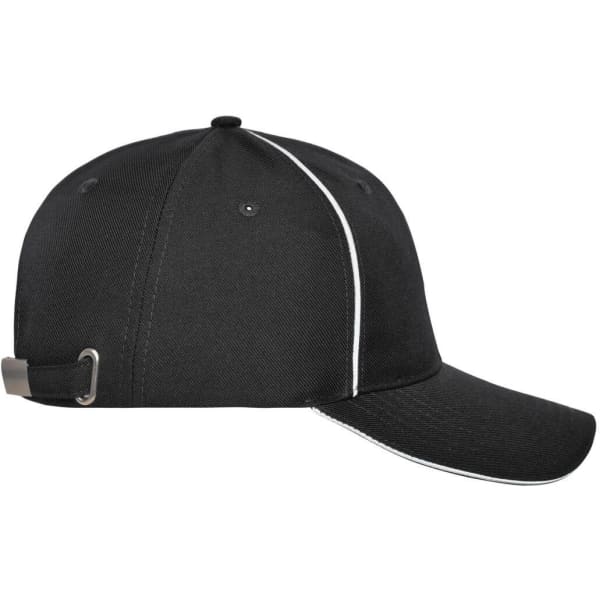 A black 6 panel workwear cap featuring a contrasting white trim and an adjustable strap at the back.