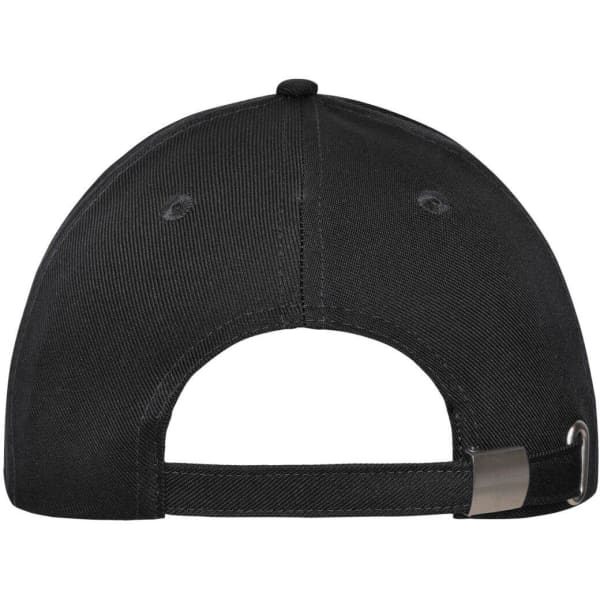 A black 6-panel workwear cap with a curved brim and an adjustable strap at the back. It features a logo.