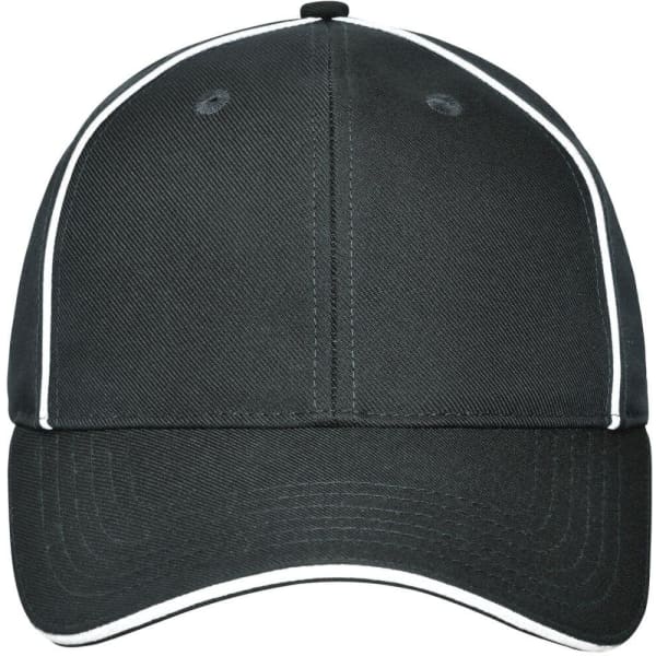 A solid black six-panel workwear cap with contrasting white piping and a logo on the front.