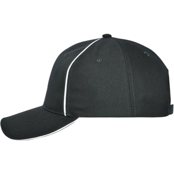 A black six-panel workwear cap with a white trim and an adjustable strap at the back. It features a logo.