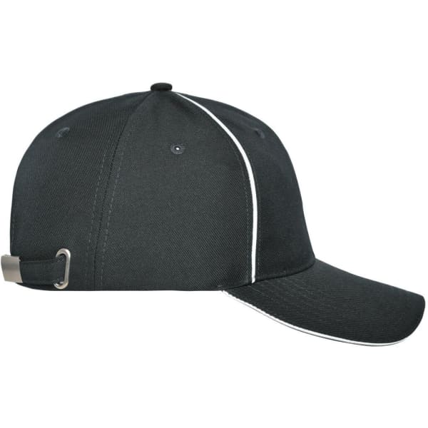 A black 6 panel workwear cap with a white stripe, featuring an adjustable strap and a logo on the front.